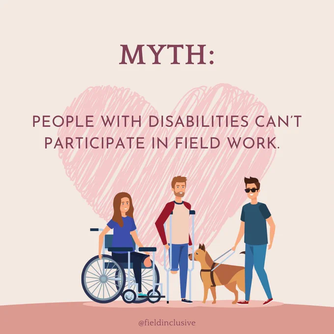 Cartoon graphic depicting 3 people with various disabilities and aids against a heart background. Text says: 

Myth: People with disabilities can’t participate in field work.
