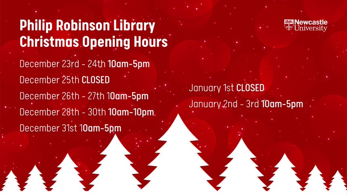White cut-out trees on a red background with the Philip Robinson Library Christmas opening hours which can be found at https://www.ncl.ac.uk/library/news/item/library-services-over-the-winter-break/