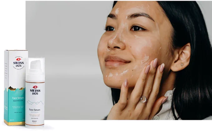 SWISS 1876 face serum. Woman applying CBD skincare