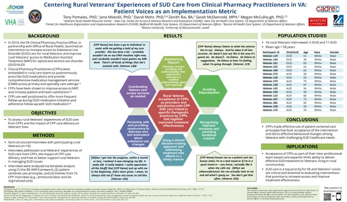 Scientific poster showing CPPs made effective use of patient-centered care principles that built acceptance of the intervention and led to effective behavior changes.
