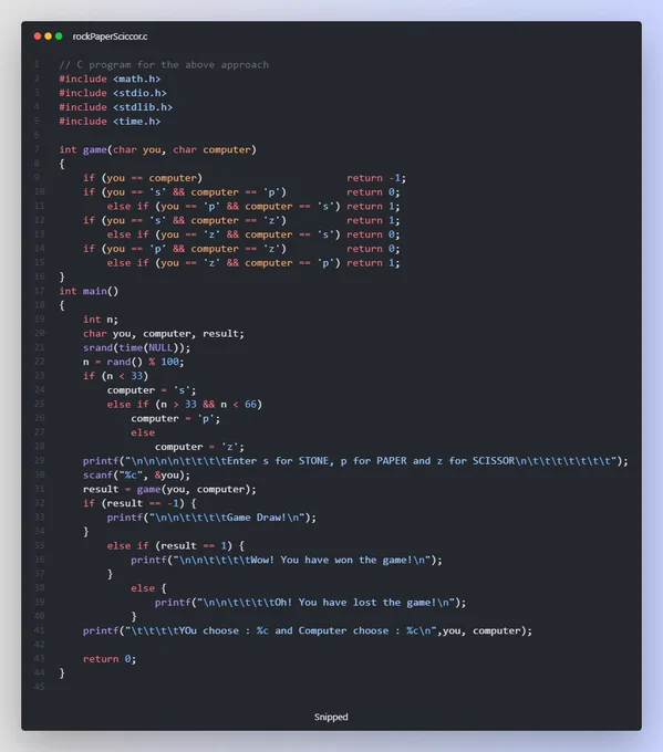 #Day33 #100DaysOfCode 

Project : Stone Paper Scissor Game
Language : C

#programming  #daily #programmer #cpplanguage #clanguage  #DataScience #appdevelopment #tech #technical #girlscript #googledevs #CPP #c #DevOps  #challenge #gamedevelopment #gamedevs 