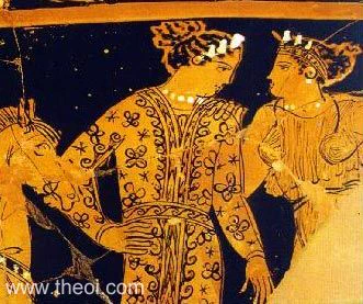 Detail (from theoi.com) of Eris in a patterned dress and necklace, and Themis in... something weird with a sort of pair of giant earmuffs that goes round her neck and over her boobs. Maybe it's the other way round