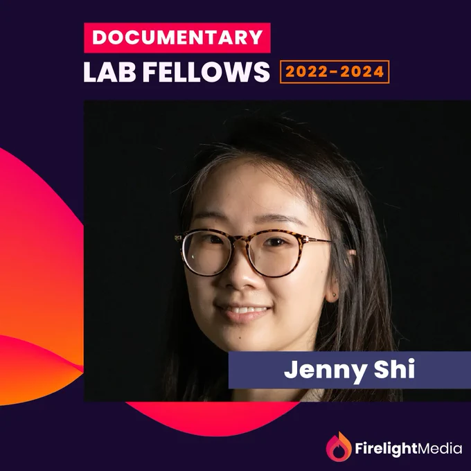 A headshot of Jenny Shi against a dark purple background with an orange and red swirl design with the words "Documentary Lab Fellows 2022-2024."