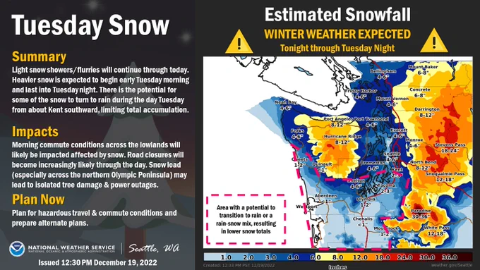 Summary Light snow showers/flurries will continue through today. Heavier snow is expected to begin early Tuesday morning and last into Tuesday night. There is the potential for some of the snow to turn to rain during the day Tuesday from about Kent southward, limiting total accumulation. Impacts Morning commute conditions across the lowlands will likely be impacted affected by snow. Road closures will become increasingly likely through the day. Snow load (especially across the northern Olympic Peninsula) may lead to isolated tree damage & power outages. Plan Now Plan for hazardous travel & commute conditions and prepare alternate plans.