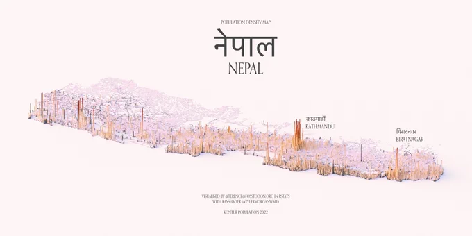 A population density map of Nepal, showing the cities of Kathmandu and Biratnagar