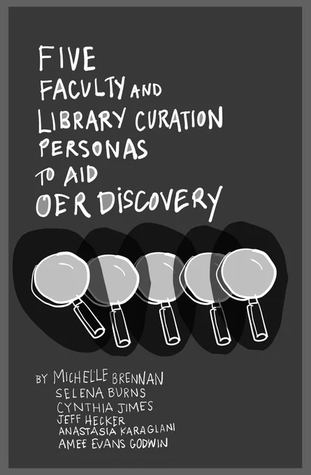 A drawing of five magnifying glasses. Above the drawing are the words: "Five Faculty and Library Curation Personas to Aid OER Discover". Below the drawing appear: "By Michelle Brennan, Selena Burns, Cynthia Jimes, Jeff Hecker, Anastasia Karaglani, Amee Evans Godwin"