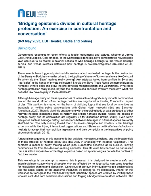 The call for papers for the workshop 'Bridging epistemic divides in cultural heritage protection: An exercise in confrontation and conversation' with the EUI logo. Details are in the following tweets.
