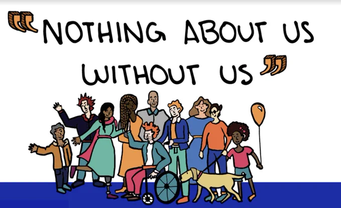 Illustration of a diverse group of persons with disabilities and the text “nothing about us without us”