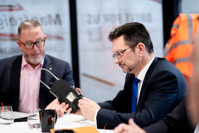 Minister of State Steve Baker during demonstrations at Manfreight