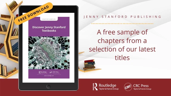 Purple Chapter Sampler cover "Discover Jenny Stanford textbooks" displayed on a tablet, in front of Bookshelves.