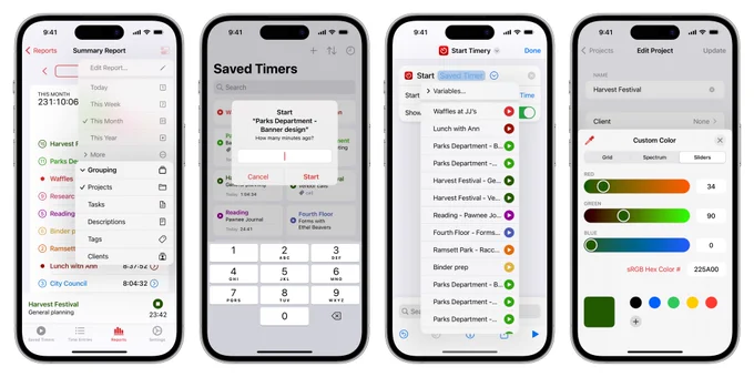 Four iPhones side-by-side showing new Timery features. The first shows in Timery a summary report of time tracked. A menu with configuration options is open showing grouping options. Choices are grouping by projects, tasks, descriptions, tags, and clients. Projects is selected.

The second shows the result of selecting the ask-each-time option to start a saved timer with a text box prompt asking how many minutes ago to start the timer. Below is a numberpad keyboard.

The third shows Shortcuts on iPhone with a Start Saved Timer action from Timery. The saved timer parameter is selected to show a menu with a list of saved timers. Each have the title and a start icon in the color of the timer’s project.

The fourth shows the standard iOS color picker with sliders for red, green, and blue with textfields for their numerical values to select a custom project color.