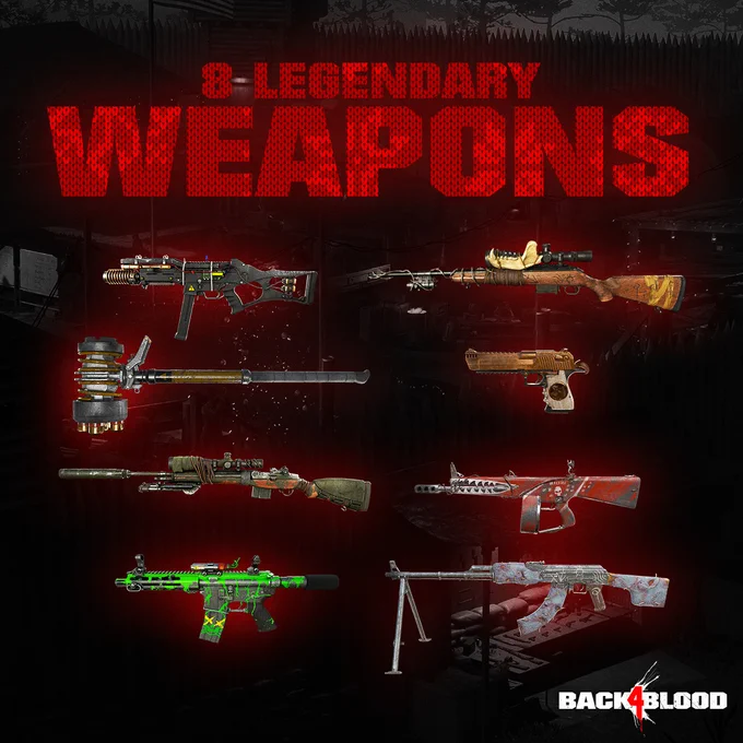 An image of the 8 legendary weapons, starting from the upper left going down, and then starting from the upper right going down: Prototype 378, Tenderizer, Witness, Pestilence, Lockjaw, Embezzler, Damnation, and Nemesis.