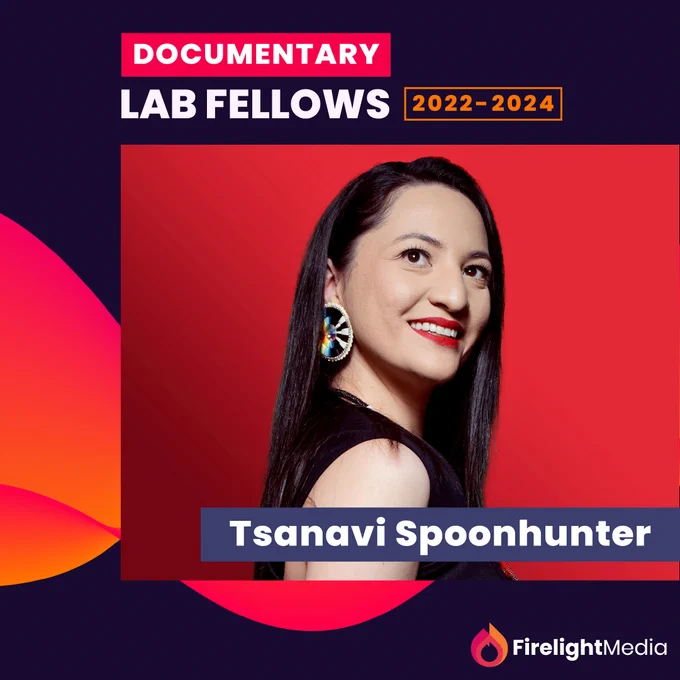 A headshot of Tsanavi Spoonhunter against a dark purple background with an orange and red swirl design with the words "Documentary Lab Fellows 2022-2024."