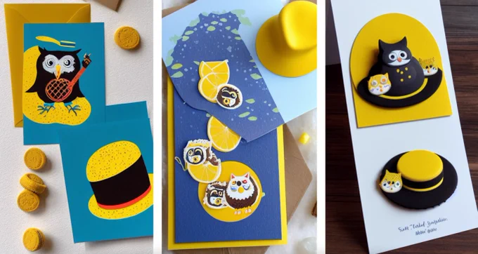 A three-paneled image showing various yellow, blue, black and white paper cards and envelopes. Each one shows variations on owls, hats and cookies, distorted in the style of AI art work.