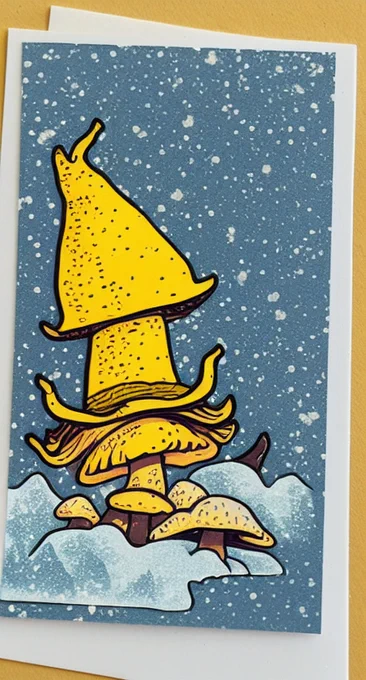 a card featuring mushrooms in the snow wearing a witch hat