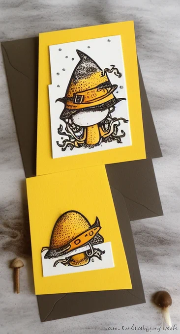 a card featuring AI-style art of mushrooms and hats
