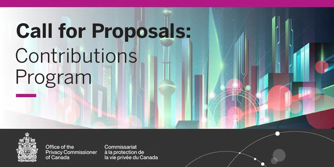 Background image of a futuristic city with words: Call for proposals: Contributions Program of the Office of the Privacy Commissioner of Canada.