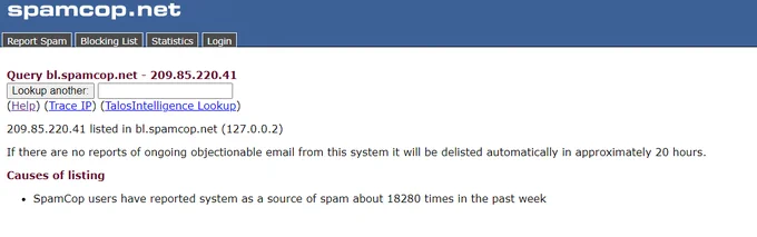 Screenshot of spam report through a Google owned shared IP email server.