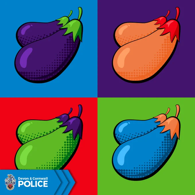 Pop Art style illustrations of four aubergines in bright colours