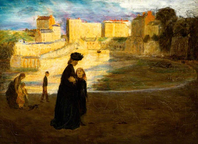 In the foreground, there are two girls dressed in black, one much taller than the other. A few other figures are behind them and a landscape of Tenby and its buildings