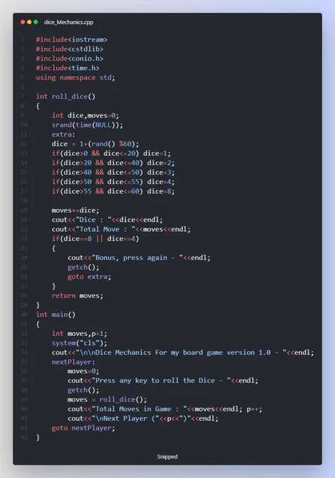 #Day35 #100DaysOfCode 
Project : SarKodi : The Ancient Game
Adding : Dice Mechanics 
Language : C  
#programming  #daily #programmer #cpplanguage #clanguage  #DataScience #appdevelopment #tech #girlscript #googledevs #CPP #c #DevOps  #challenge #gamedevelopment #gamedevs