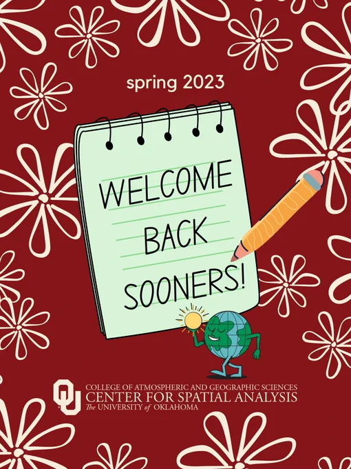 A notepad and pencil on red background with cream colored flowers that reads “Welcome back Sooners!”, There is a cartoon globe walking along the bottom of the page with the OU CSA logo.