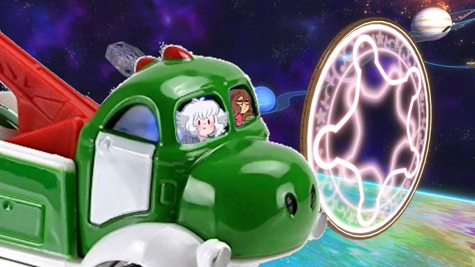 A crudely edited image of the Mario Kart track 3DS Rainbow Road with a Hot Wheels Yoshi tow truck pasted on top of it, with images of Eskay and Sasquatchulous photoshopped into its windows.