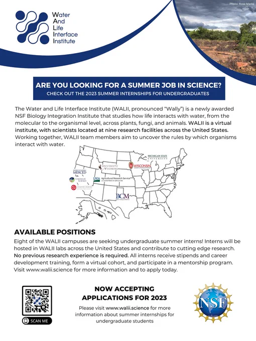 Flyer for WALII 2023 summer internships for undergraduates. The Water and Life Interface Institute (WALII, pronounced “Wally”) is a newly awarded NSF Biology Integration Institute that studies how life interacts with water, from the molecular to the organismal level, across plants, fungi, and animals. WALII is a virtual institute across 9 US research facilities. Available positions - 8 of the WALII campuses are seeking undergraduate summer interns! Interns will be hosted in WALII labs across the United States and contribute to cutting edge research. No previous research experience is required. All interns receive stipends and career development training, form a virtual cohort, and participate in a mentorship program. The 8 institutions hosting interns are UC Merced, Carnegie Institution for Science, California State University Channel Islands, USDA-ARS, U of Wyoming, U of Wisconsin-Madison, Baylor College, and Michigan State University. 