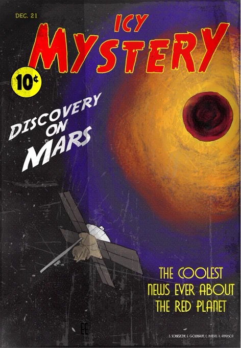 Cover of "Icy Mystery - Ice on Mars" science comic story. Designed as old 1940's pulp comic.