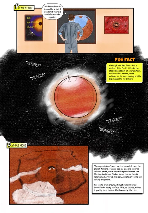 Panel 1 of "Icy Mystery - Ice on Mars" science comic story. Mars' climate history.