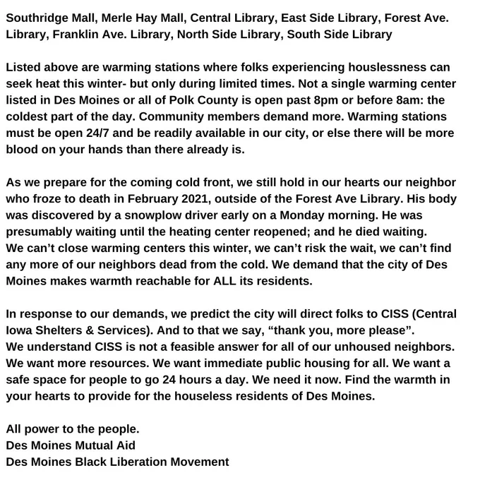 Our letter to the city of Des Moines. Full text available here: linktr.ee/desmoinesblm