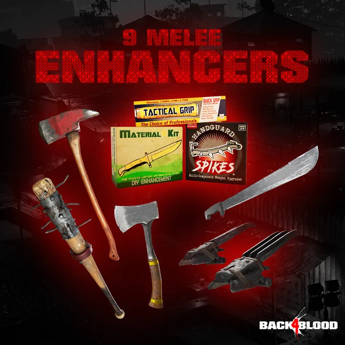 An image of melee weapons and melee attachments with the text "9 melee enhancers" in the background. 