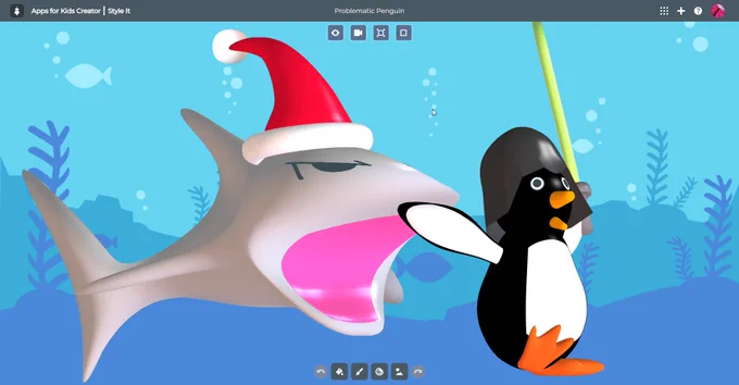 A penguin wearing a Dart Vader helmet while wielding a light saber as it's being chased by a shark wearing a Santa hat