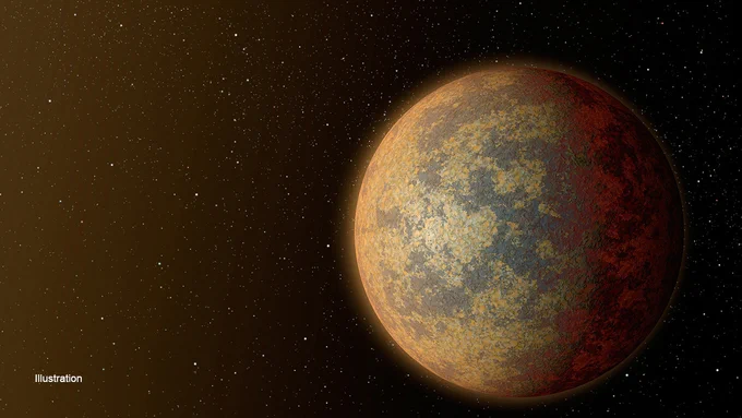 An illustration shows a rocky exoplanet with the glow of its star shining to the left. The planet is on a star filled background of space. You can see land mass formations and a slight haze.
