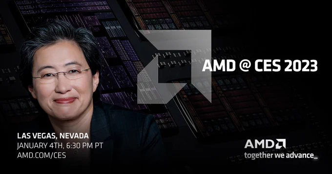 A graphic showing AMD's CEO Lisa Su. It gives details about her CES keynote on Juanuary 4th at 6:30 PM PT