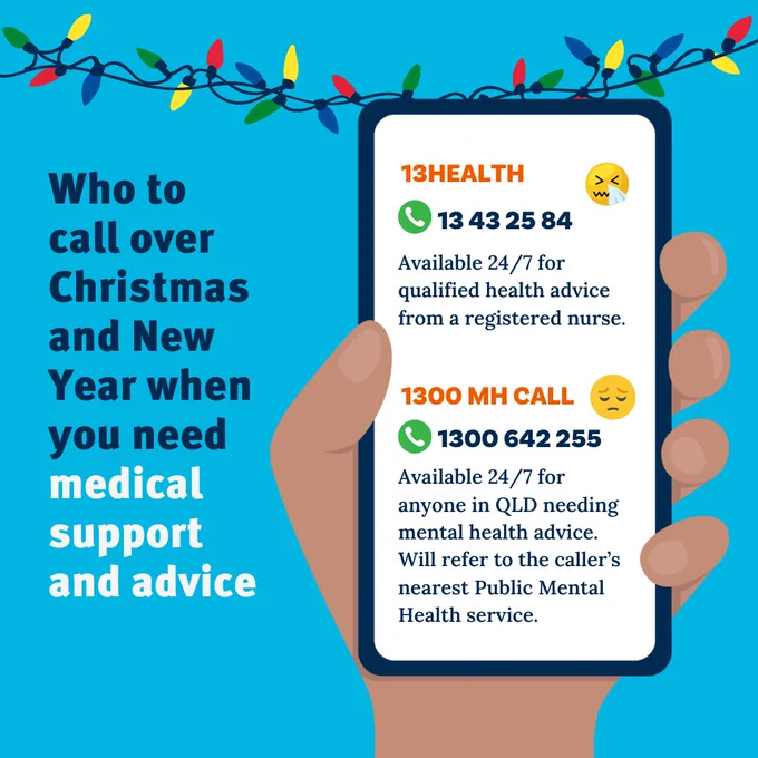 Light blue background with coloured Christmas lights at top of graphic. Text on left of graphic says: who to call over Christmas and New Year when you need medical support and advice.
Illustration of hand holding a mobile phone on right of graphic. On mobile phone the text gives phone numbers for 13HEALTH - 13432584 - for 24 hour health advice. Also 1300MHCALL - 1300642255 - for 24 hour mental health advice.