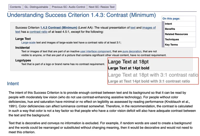 Large Text tool shown overlaid on the 1.4.3 Contrast Minimum WCAG understanding page