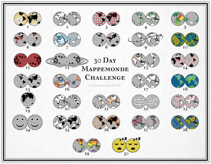 Belle série de cartes (ou plutôt mappemondes) de @XemartinLaborde
#30DayMapChallenge