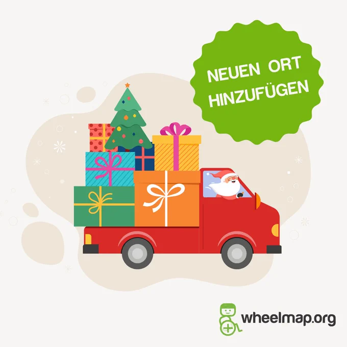 Ein roter Lieferwagen, aus dem vorne der Weihnachtsmann schaut, ist mit Geschenken voll beladen. Auf einem grünen Etikett darüber steht: "Neuen Ort hinzufügen".