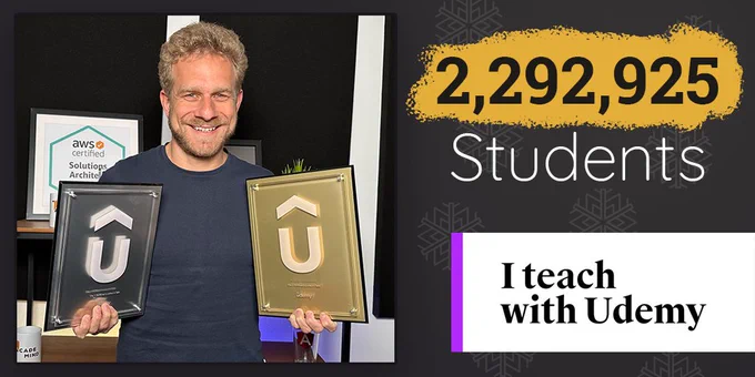 Max with two Udemy milestone awards in his hands (1,000,000 students and 2,000,000 students). 
The image also shows the exact number of students he has right now (2,292,925) and a "I teach with Udemy" badge.