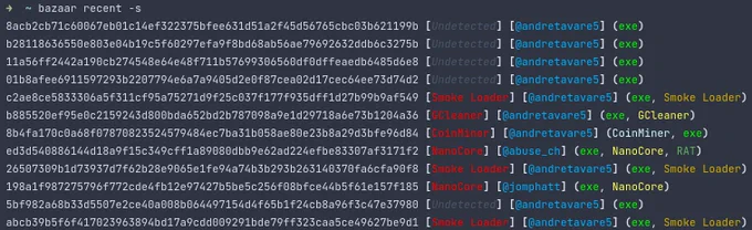This screenshot shows the output for the command "bazaar recent -s" which is a list of recently uploaded samples to MalwareBazaar.