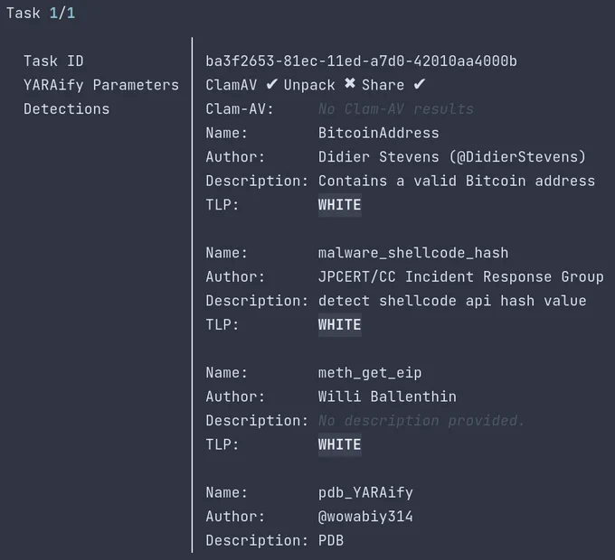 This screenshot shows data related to a scanning task on YARAify and includes detections from ClamAV as well as triggered Yara rules.