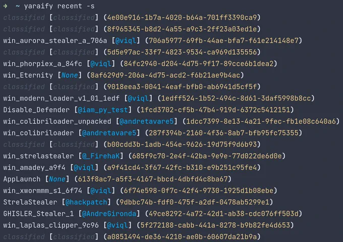 This screenshot shows the output for the command "yaraify recent -s" which is a list of recently uploaded Yara rules to YARAify.