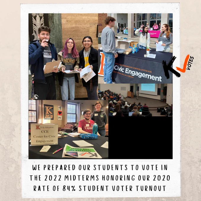 Textured beige background. Reads: We prepared our students to vote in the 2022 midterms honoring our 2020 rate of 84% student voter turnout. Photos of students engaging with voter registration, education, & voting.