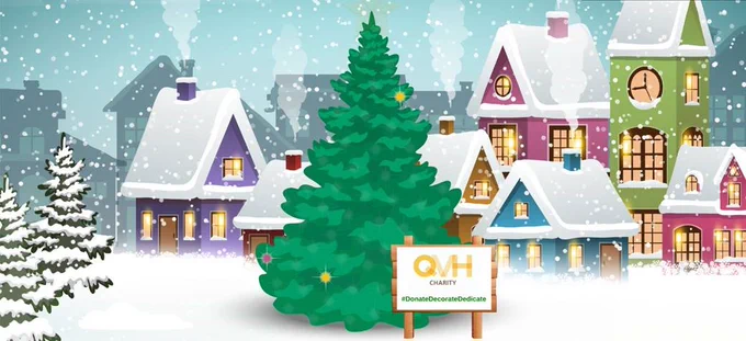 Illustration of a large green Christmas tree standing in front of some snow capped houses. The tree has some glistening lights on it  and a sign saying QVHCharity