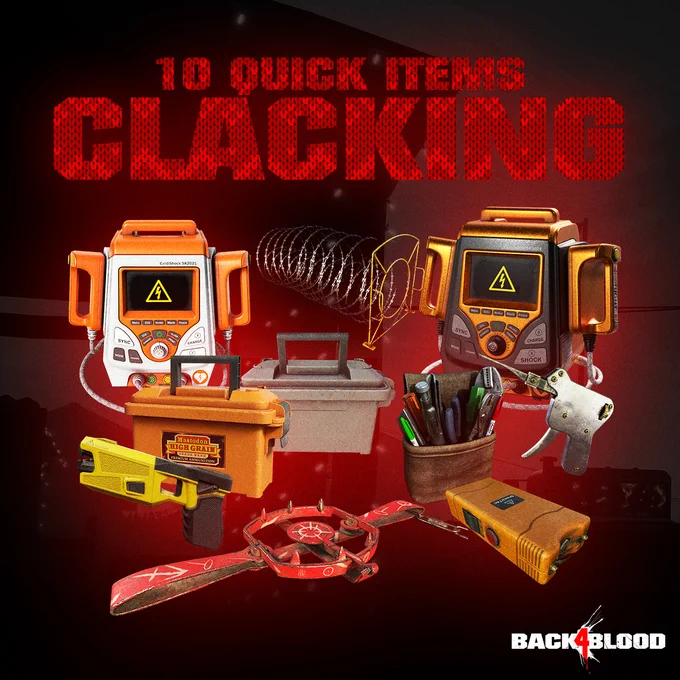 An image of the quick items with the text "10 quick items clacking" in the background. From left to right, top to bottom: Defibrillator, Marine Munchies, Taser, Razor Wire, Ammo Pouch, Bear Trap, EMT's Jumper Cables, Tool Kit, Stun Gun, & Cursed Key.