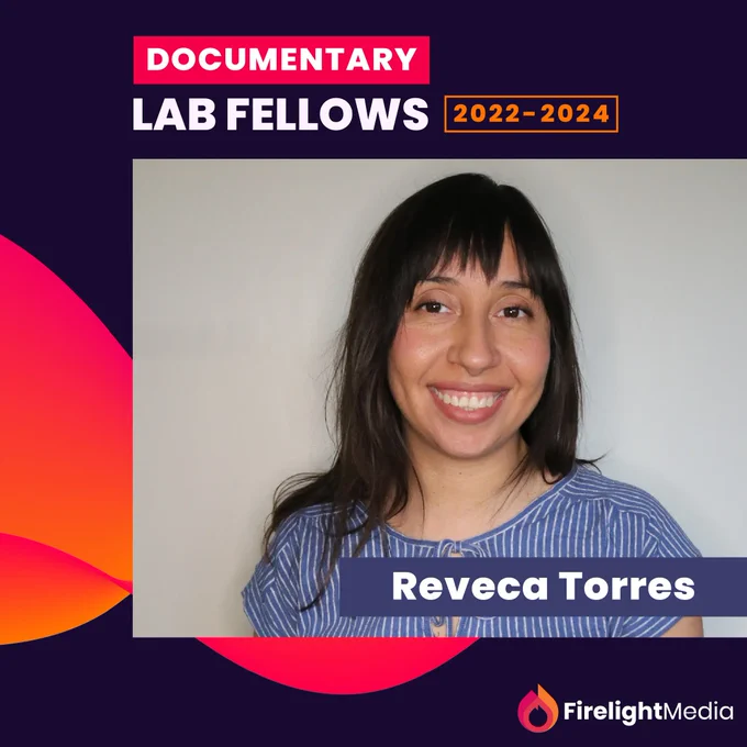 A headshot of Reveca Torres against a dark purple background with an orange and red swirl design with the words "Documentary Lab Fellows 2022-2024."