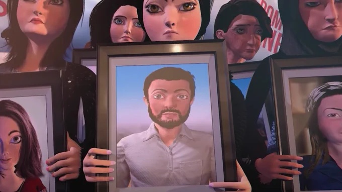 A still image from an animated film shows a crowd of people holding up photos of loved ones.