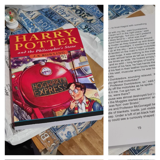 A large print copy of harry potter and the philosopher's stone.