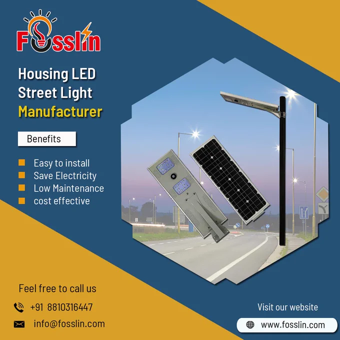 FOSSLIN Housing LED Street Lights are a high quality product that emits light when charged by the sun's rays. These lights have been designed in such a way that it can be easily mounted on any pole or wall. You can install these lights in garden, road, streets, and campus area or anywhere in the open area.